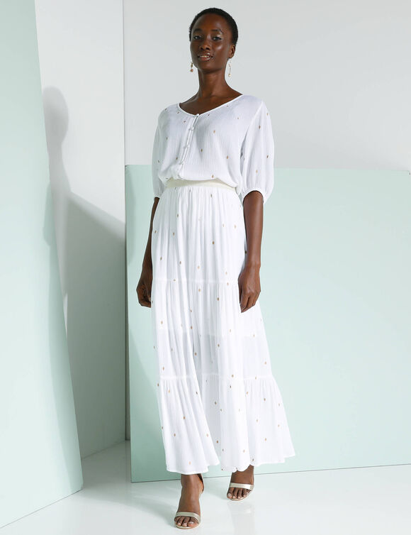 Jupe longue volantée imprimé doré, crépon (blanc / doré) Jupe longue volantée imprimé doré, crépon (blanc / doré)